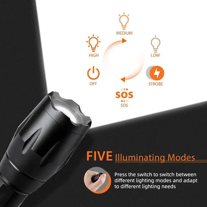 Waterproof High Power T6 LED Flashlight Camping Torch With 5 Light Modes & Zoom Waterproof