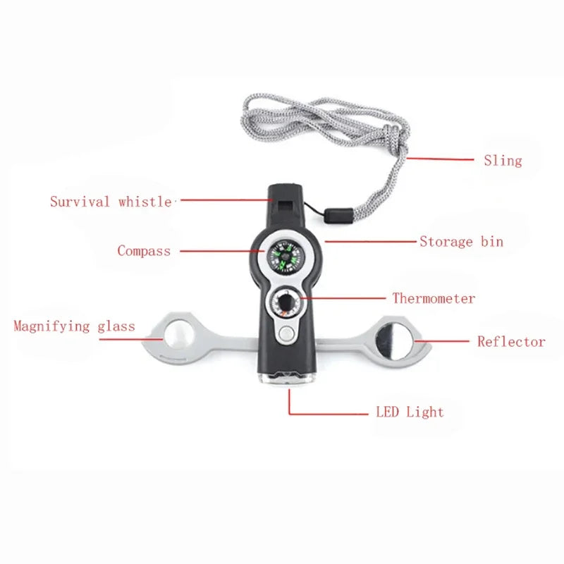 7-in-1 Multi-functional Outdoor Survival Whistle, Compass, Light, Strap